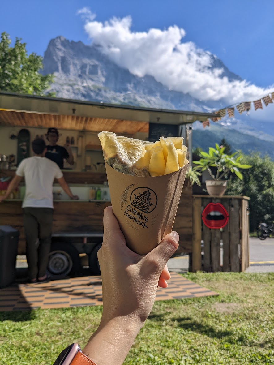 crepe truck in front of Swiss Alps