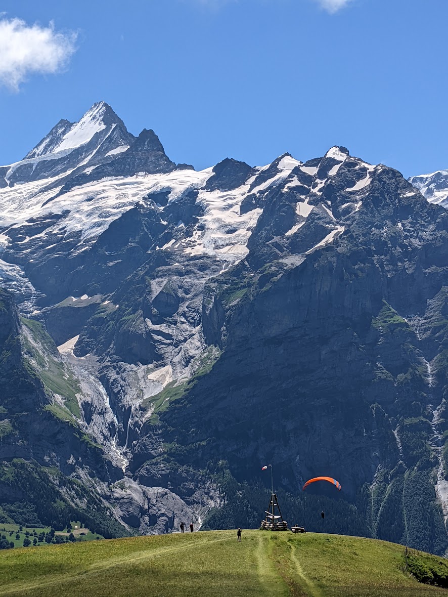 lush green valley in Switzerland with jagged mountain peaks behind it